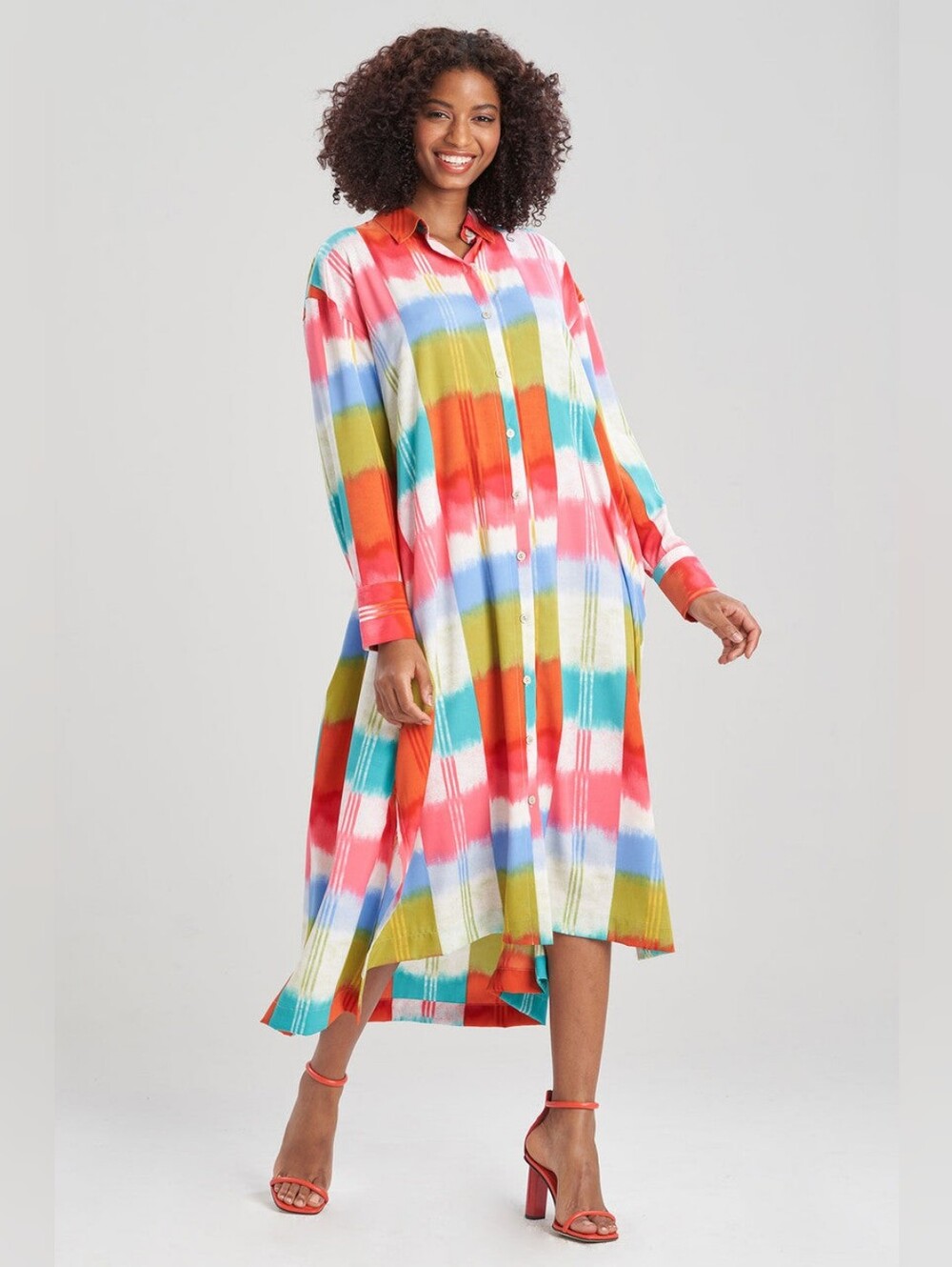 Natori Boro Caftan Multicolor Button-Front Maxi Shirt Dress